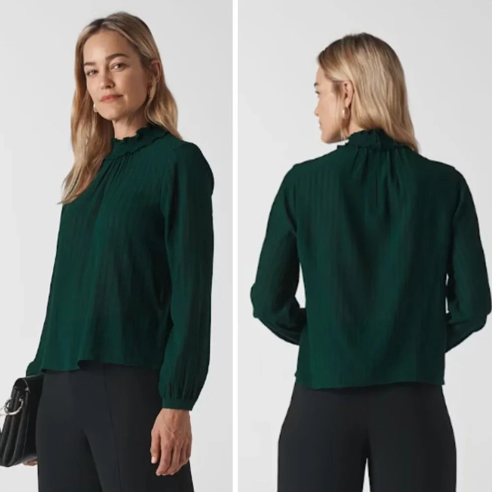 Whistles Dark Green Woven High Neck Stripe Blouse Top 26169
